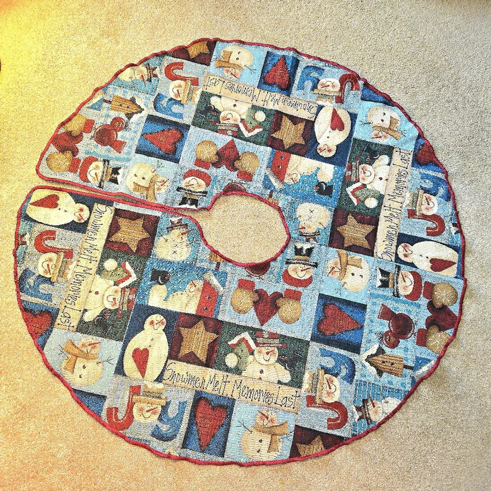VTG 2001 Mohawk Home Tapestry Patchwork Christmas Tree Skirt Snowmen Melt 50
